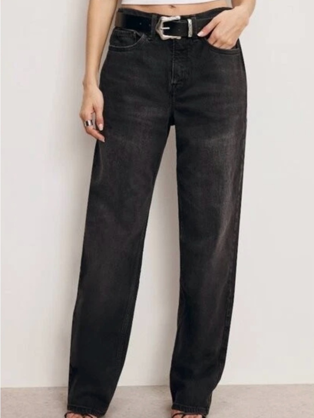 Good American Good ’90s Mid-Rise Baggy Jeans Black Wash 8/29
